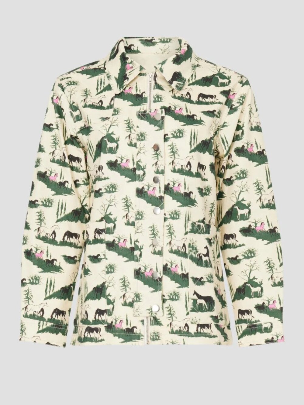 Rachel Antonoff Lizzie denim barn jean jacket in horse girl print cream green S - Picture 3 of 14